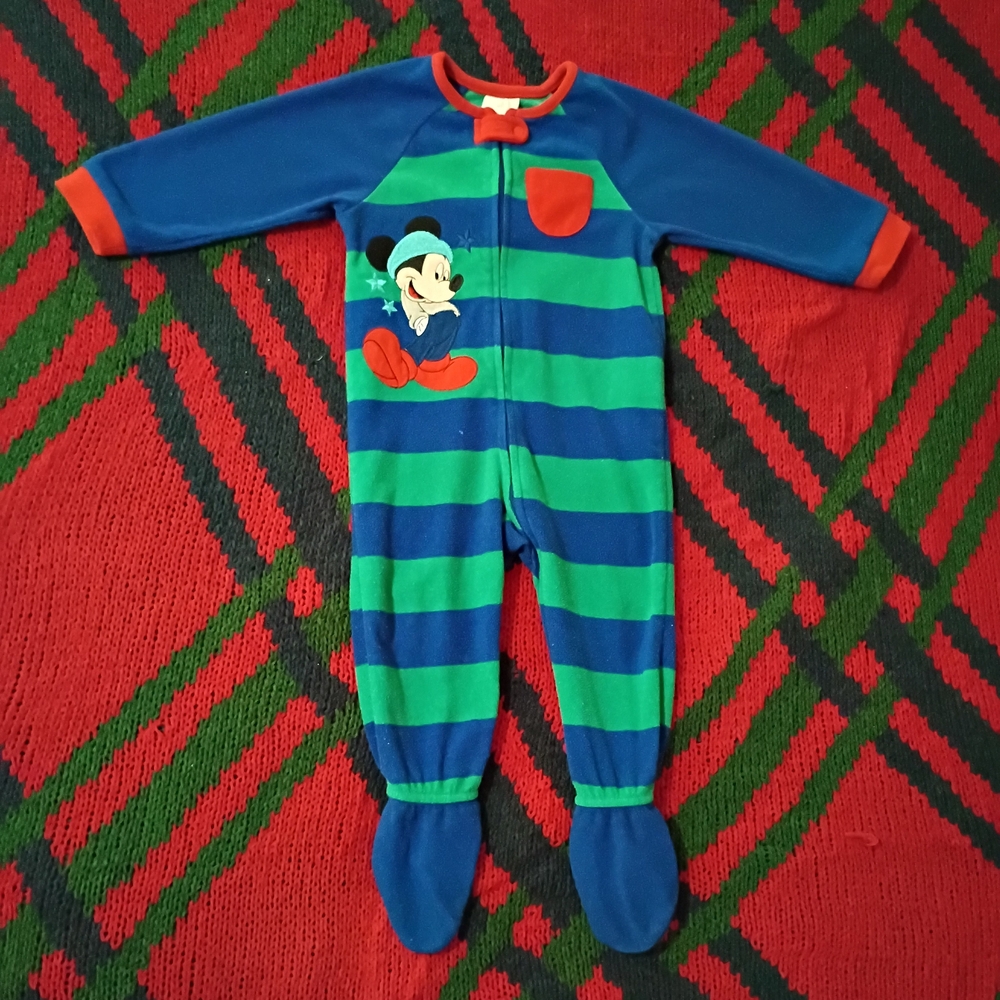 Vintage Disney Baby Blue and Green Striped Kids Fleece Footie